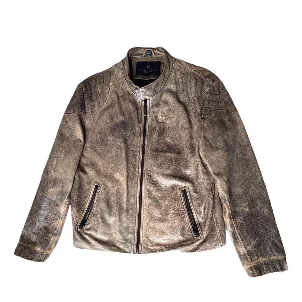 Kenneth Cole Distressed Brown Leather Bomber Jacket